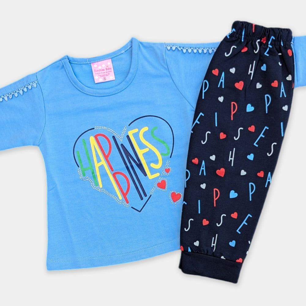 Girls Top with Navy Blue Printed trousers - Happiness