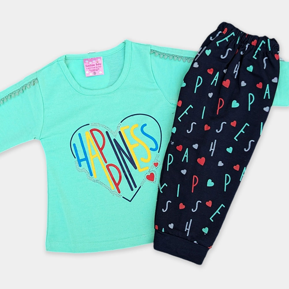 Girls Top with Navy Blue Printed trousers - Happiness