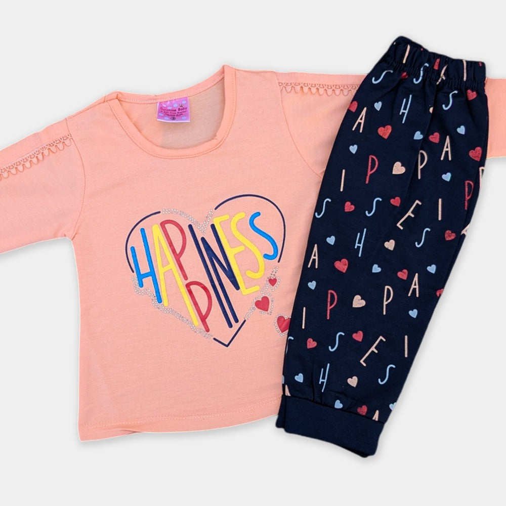 Girls Top with Navy Blue Printed trousers - Happiness