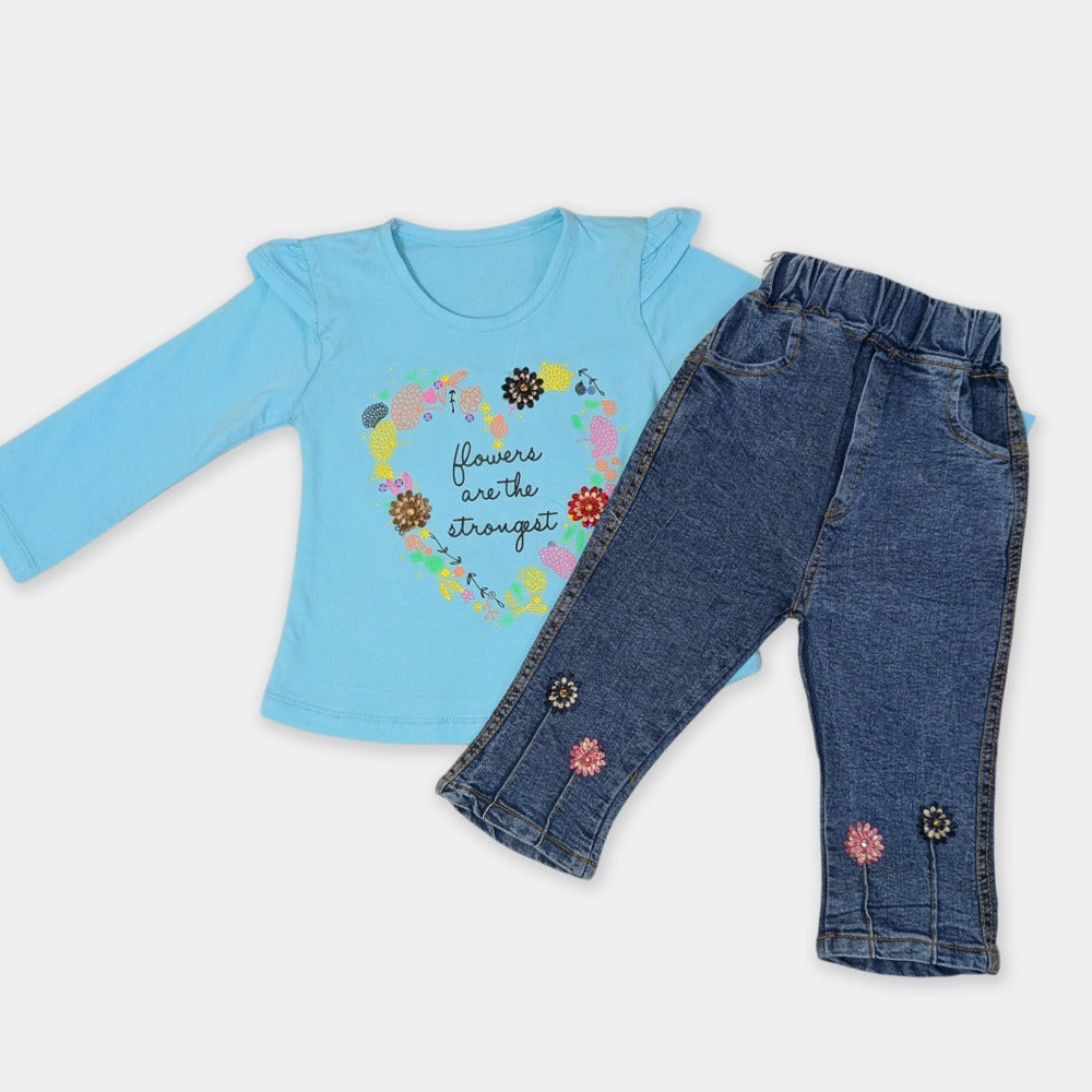Girls Lycra Pink Top with Denim - Flowers Are the strongest