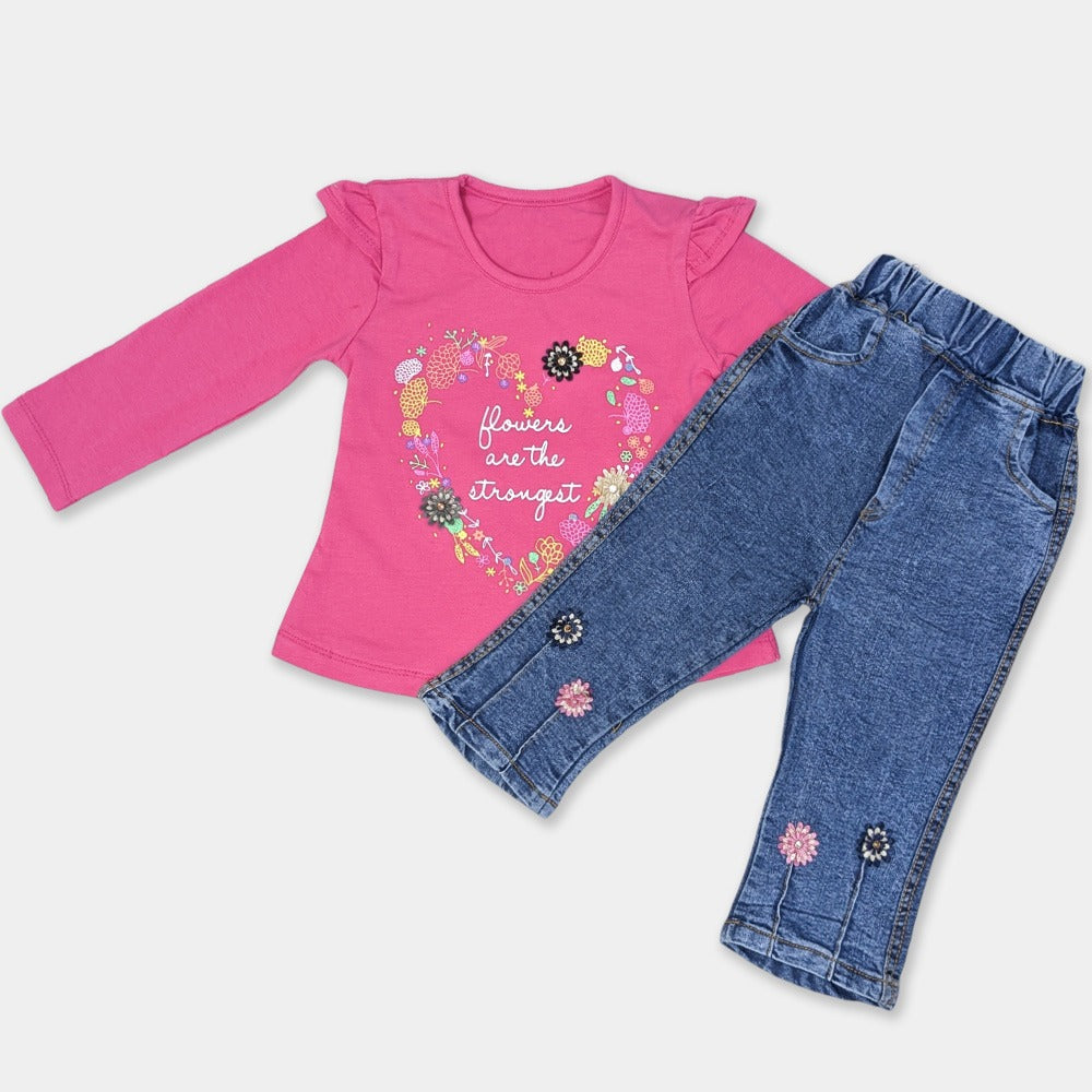 Girls Lycra Pink Top with Denim - Flowers Are the strongest