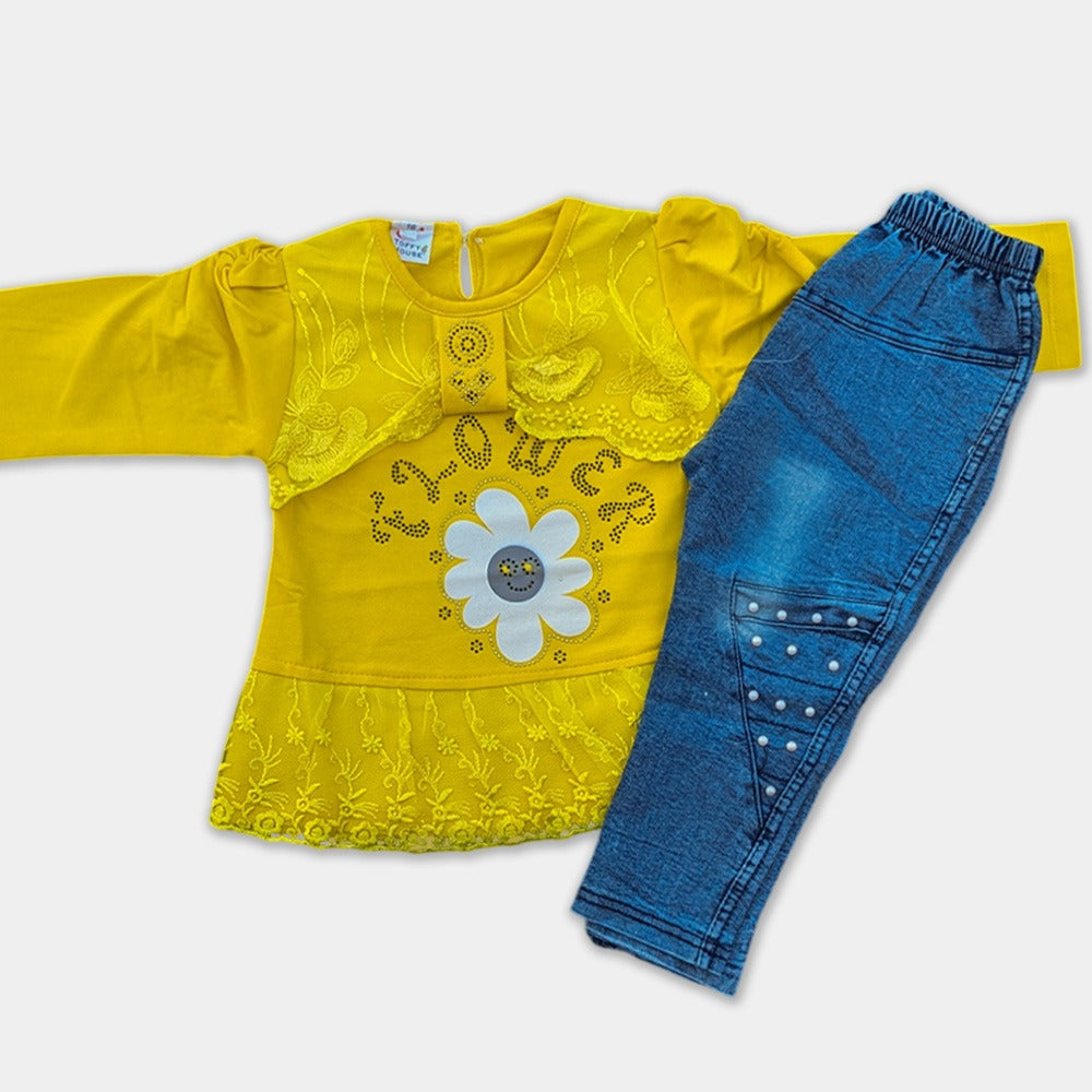 Girls Fancy Net Laced Top With Stylish Denim - Flower