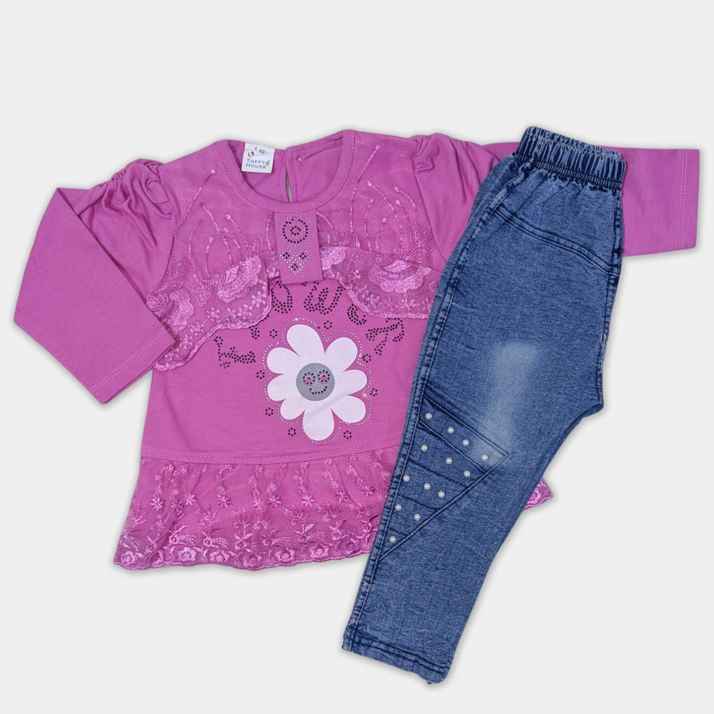 Girls Fancy Net Laced Top With Stylish Denim - Flower