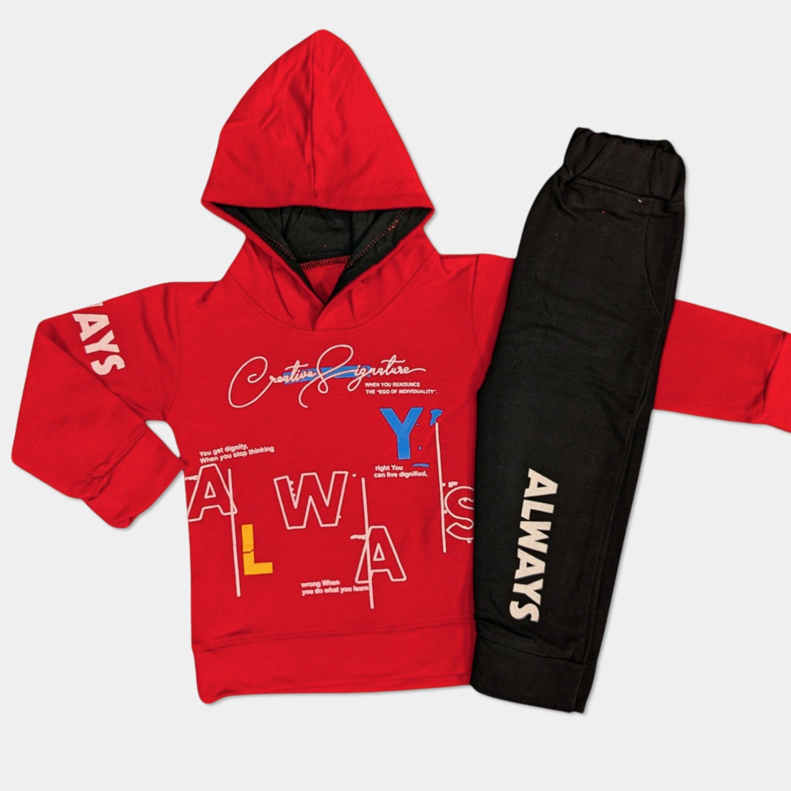 Kids Red Lycra Terry Hooded Tracksuit - Always