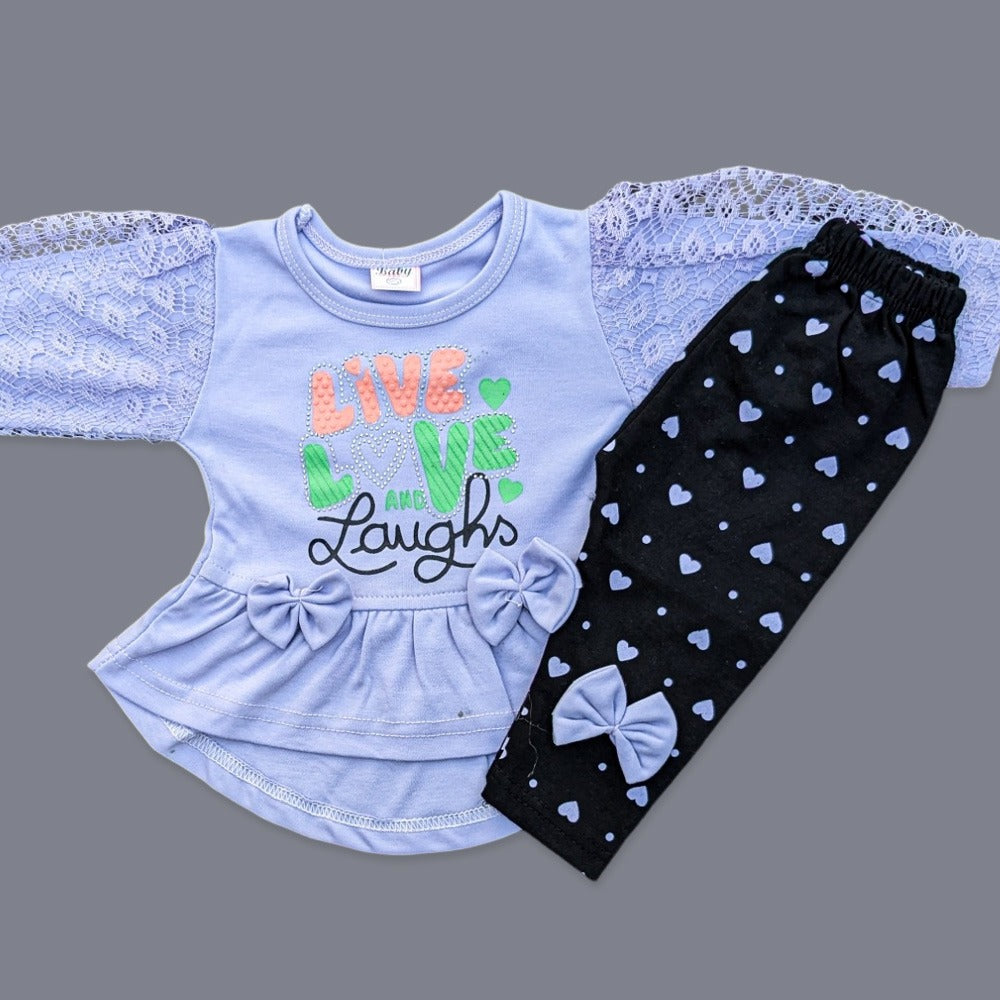Girls Net-Sleeved Bow Frock with Black Printed Trousers- Live Love Laughs