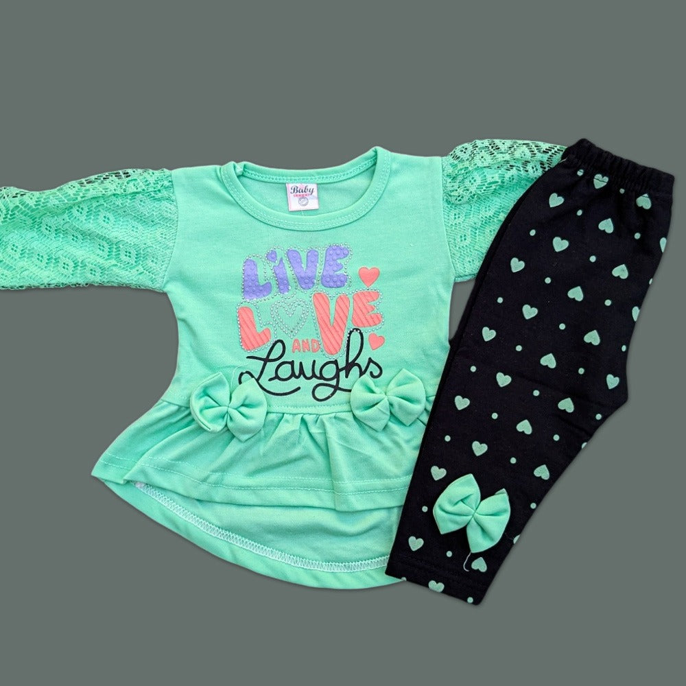 Girls Net-Sleeved Bow Frock with Black Printed Trousers- Live Love Laughs