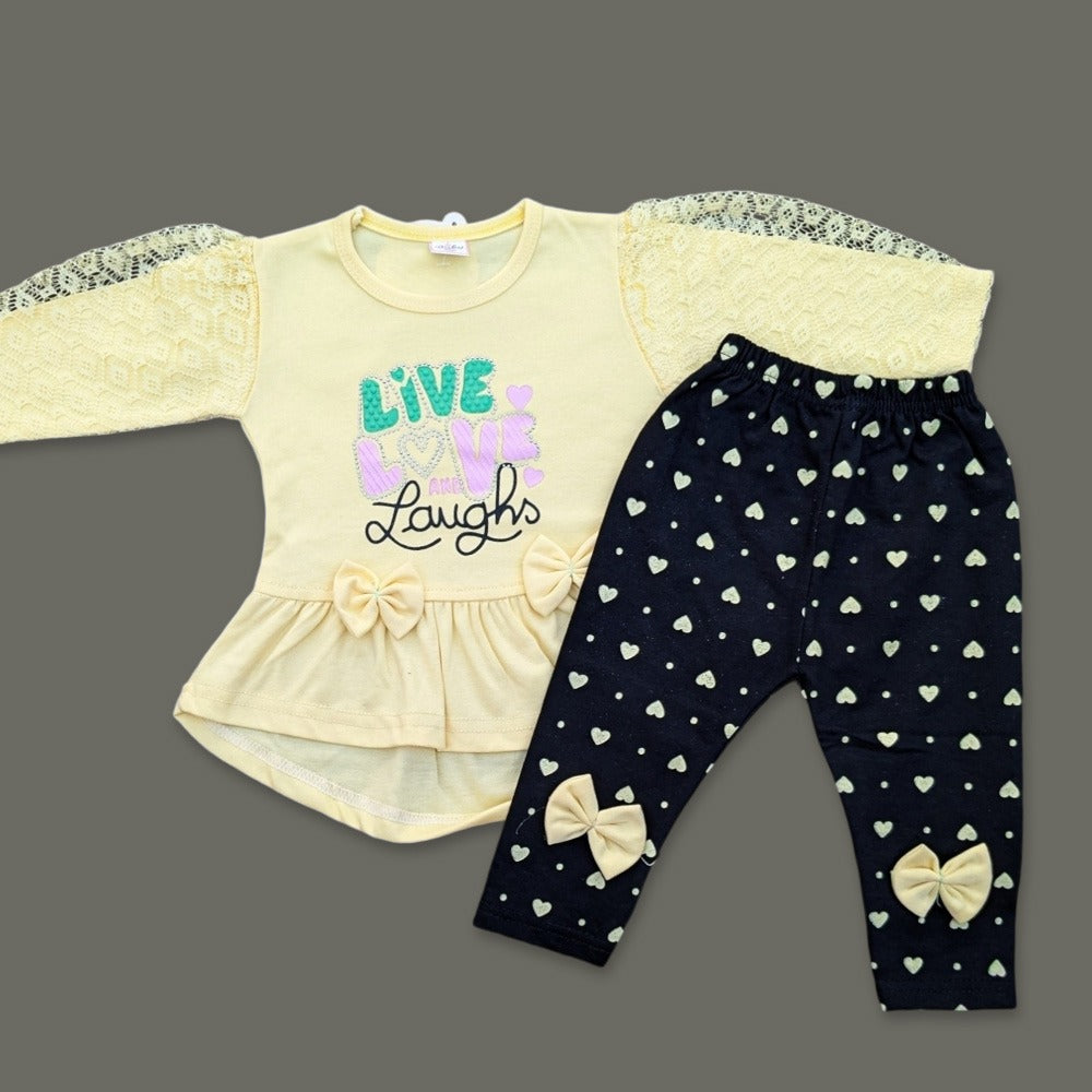Girls Net-Sleeved Bow Frock with Black Printed Trousers- Live Love Laughs