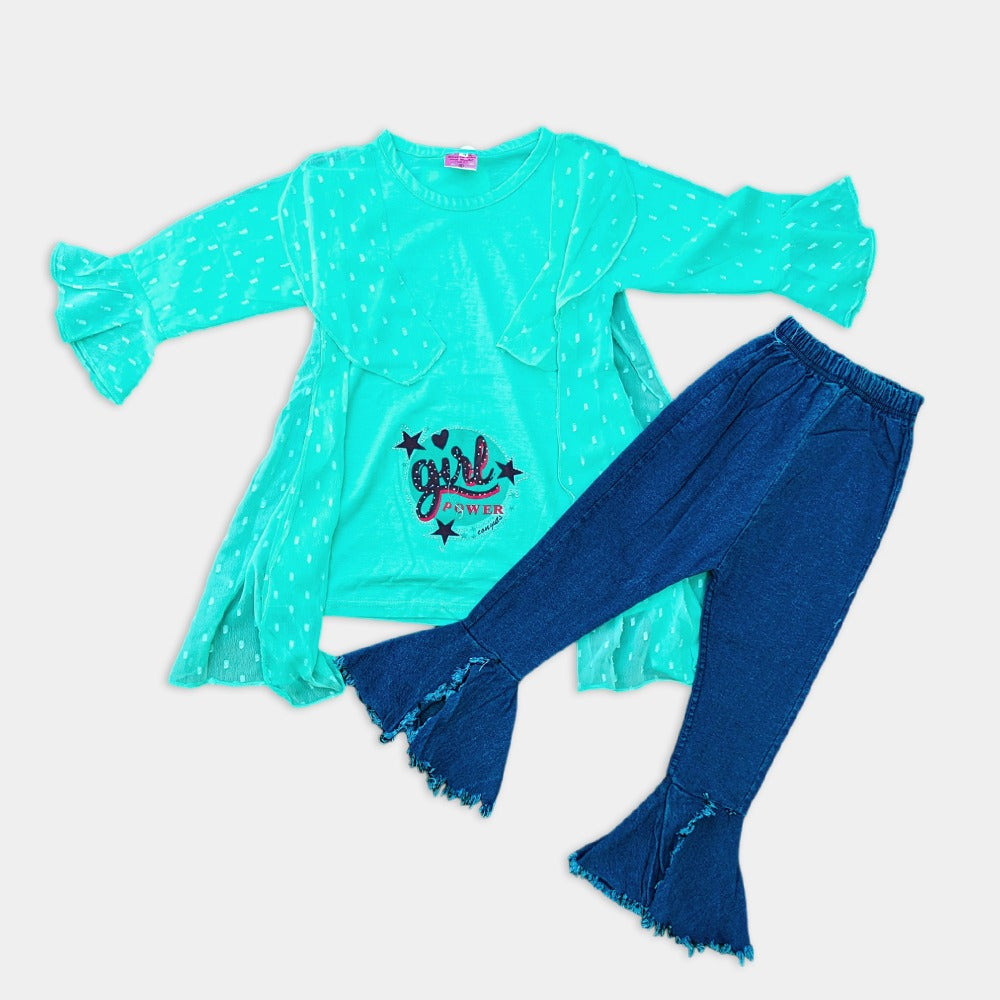 Girls Fancy Top With Stylish Denim - girl power